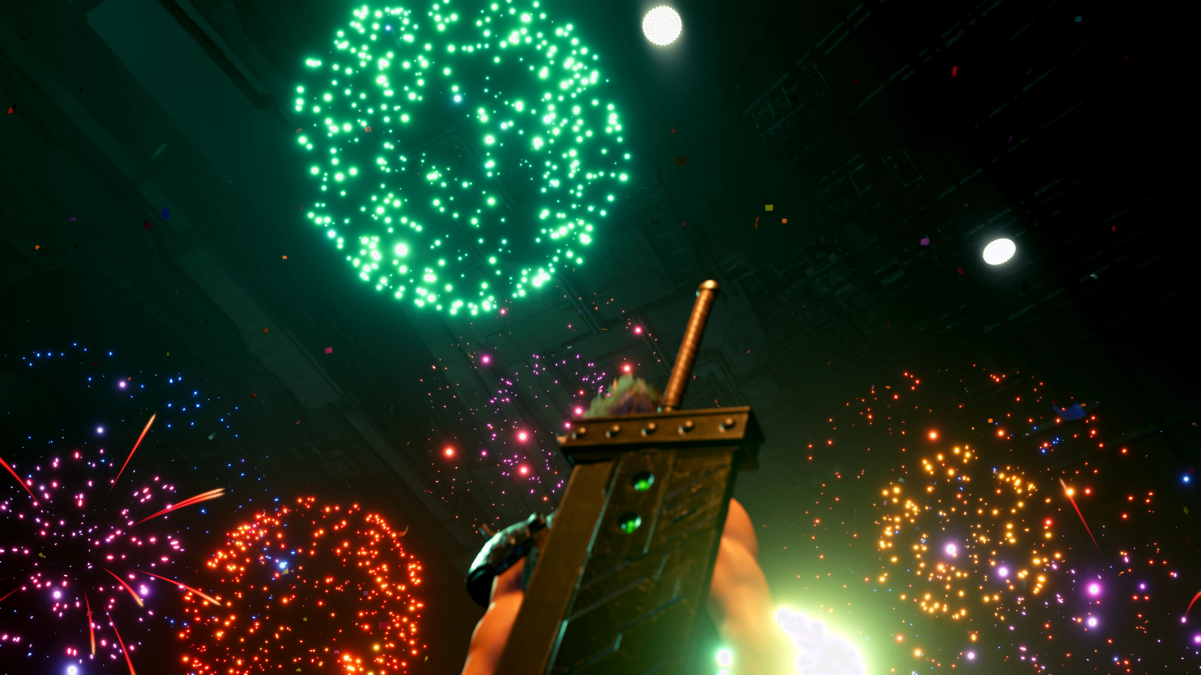 Enhanced: Colorful fireworks illuminating a dark indoor scene